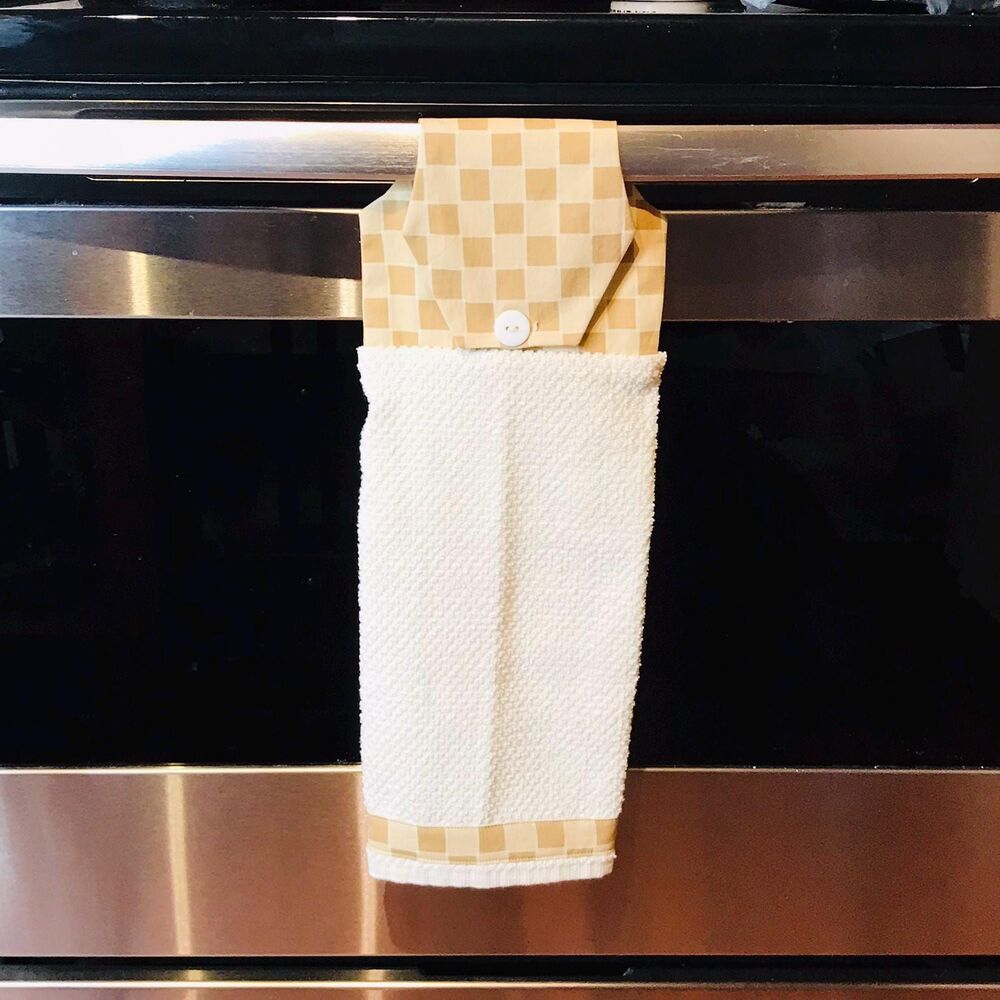 Hanging Kitchen Towel: Neutral Checkers Tan Beige Topper, Button Closure